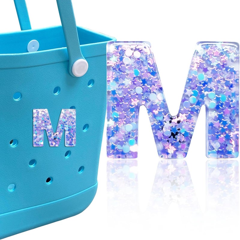 HLUWA Letter Charms for Bogg and Simply Southern Bags - Alphabet Purple Star Sequin Lettering Accessories - Insert Decorative Letters for Handbag Beach Tote - Image 1